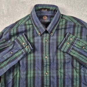 Viyella Shirt Mens Medium Green Blue Tartan Plaid Cotton Wool Traditional Fit